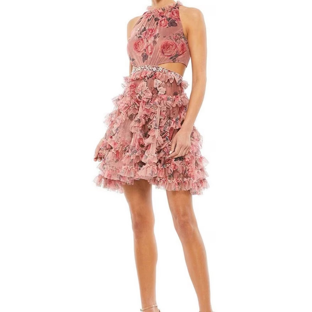 MAC DUGGAL Floral Print Ruffled Sleeveless Cut-Out Mini Dress